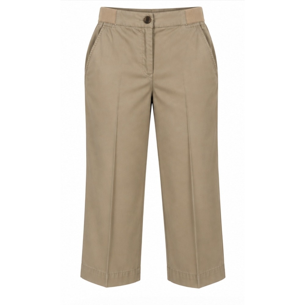 Lands End Chino Crop Pants Women 6 Tan Stretch Waist Band Button Pockets
